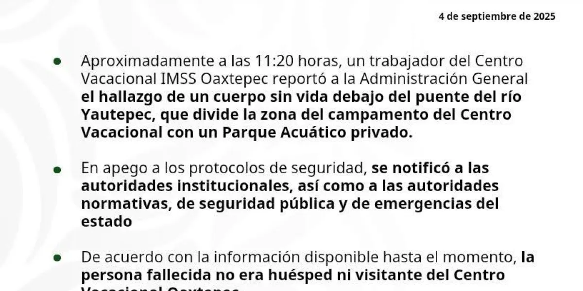 Emite comunicado el IMSS por hallazgo de cuerpo sin vida en el Centro Vacacional Oaxtepec 