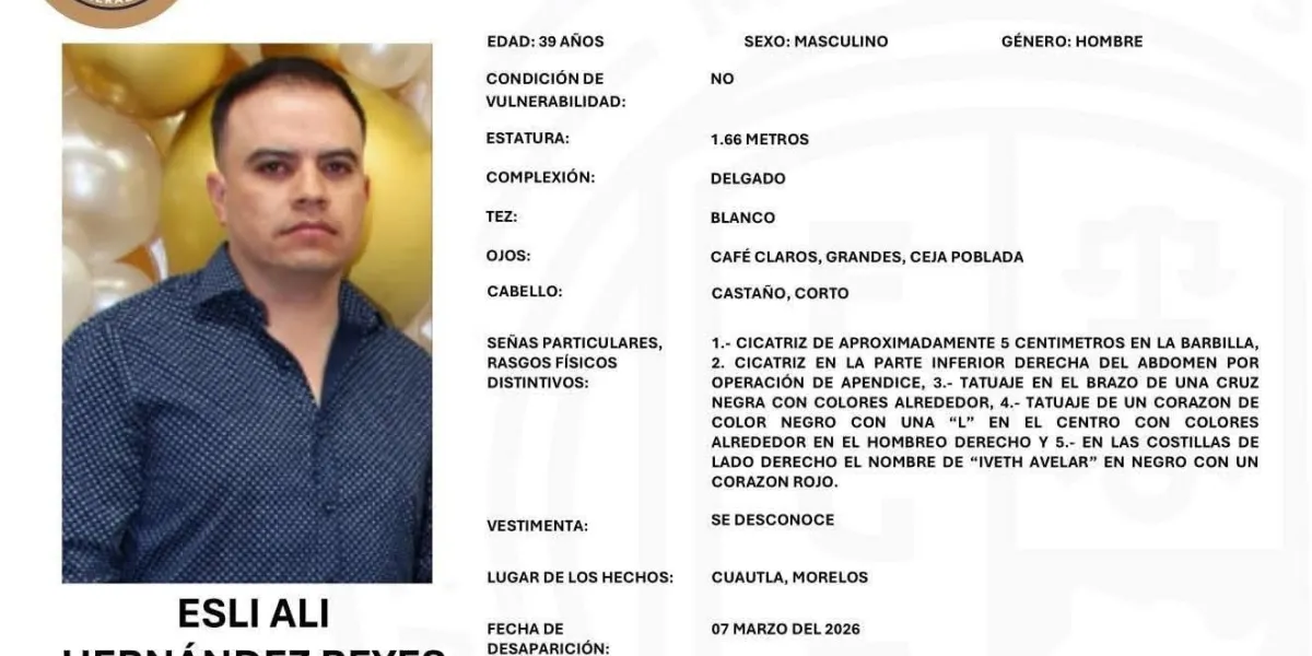 Familiares y ciudadanos convocaron a una marcha pacífica en Cuautla para exigir avances en la búsqueda del abogado Esli Ali Hernández, desaparecido el 7 de marzo.