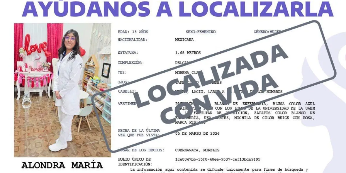 La Fiscalía de Morelos informó que Alondra Stephany Contreras, estudiante de Nutrición de la UAEM reportada como desaparecida, fue localizada con vida y en buen estado de salud.