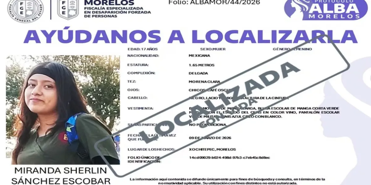 Localizan con vida a estudiante desaparecida en Morelos