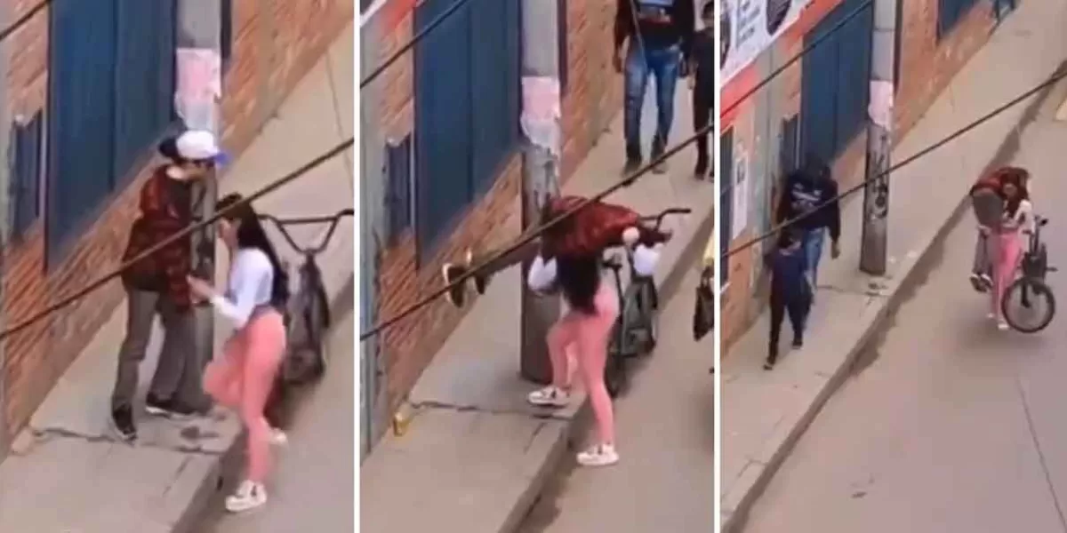 Mujer sorprende con su increíble fuerza al cargar a su novio borracho y una bici al mismo tiempo