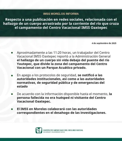 Emite comunicado el IMSS por hallazgo de cuerpo sin vida en el Centro Vacacional Oaxtepec 