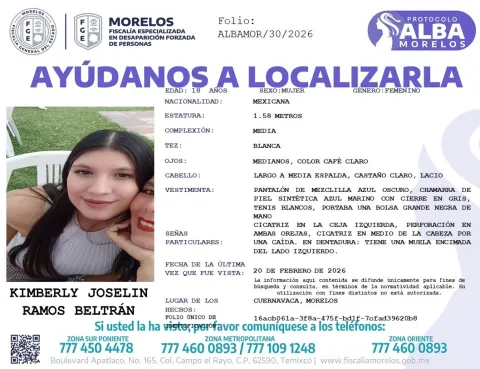  El fiscal Fernando Blumenkron confirmó que se mantiene activa la búsqueda de Kimberly “N”, estudiante de la UAEM desaparecida desde el 20 de febrero en Cuernavaca.