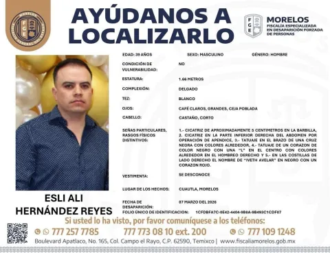 Familiares y ciudadanos convocaron a una marcha pacífica en Cuautla para exigir avances en la búsqueda del abogado Esli Ali Hernández, desaparecido el 7 de marzo.