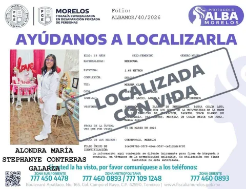 La Fiscalía de Morelos informó que Alondra Stephany Contreras, estudiante de Nutrición de la UAEM reportada como desaparecida, fue localizada con vida y en buen estado de salud.