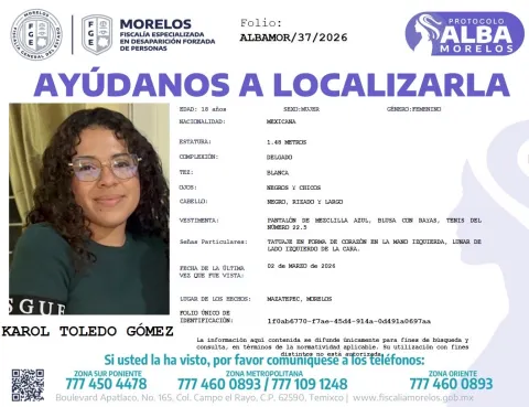  La SSPC Morelos informó que se intensificó la búsqueda de Karol Toledo Gómez, estudiante de la UAEM desaparecida desde el 2 de marzo. Se utilizan drones, binomios caninos y labores de inteligencia.